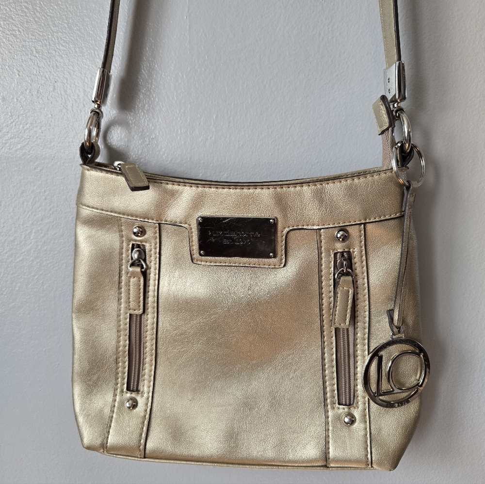Liz Claiborne Gold Metallic Crossbody Bag Purse Charm Front Zip Y2K